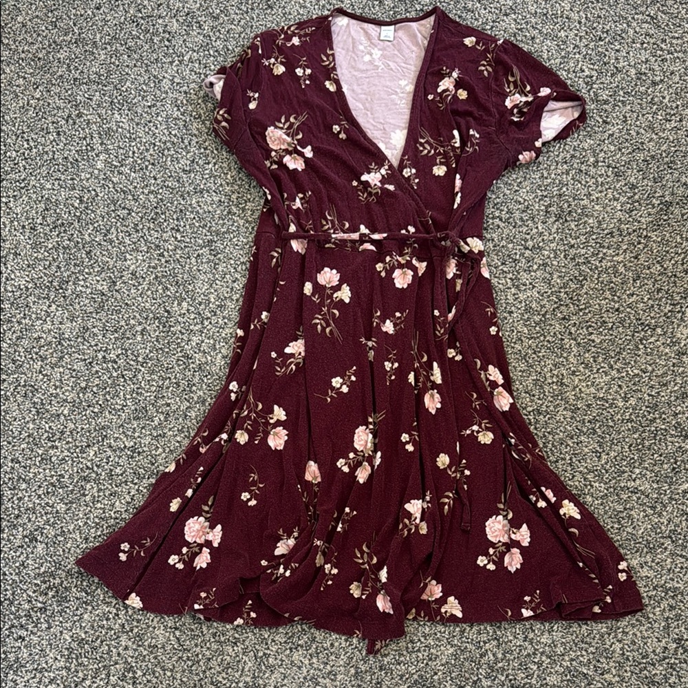 Old Navy Maroon Floral Midi Wrap Dress